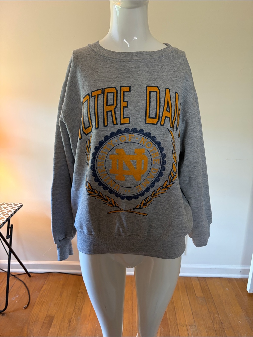 Champion Gray Notre Dame Crewneck with Gold & Navy Graphic